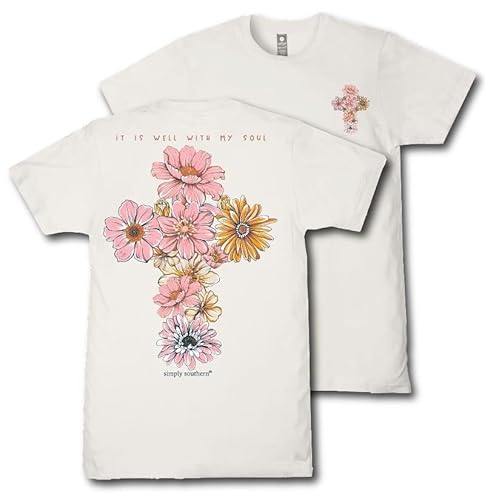 Simply Southern It is Well with My Soul - Cross - Flowers - Adult T-Shirt (US, Alpha, X-Large, Regular, Regular, Adult, Linen)