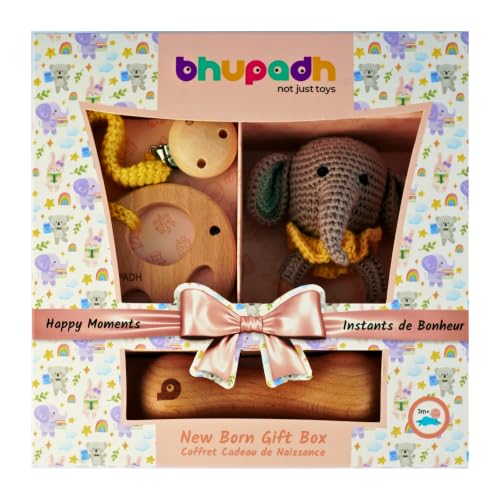 Image of Newborn Gift Box Elephant Collection (0-12 Months) | 3-in-1 Set with Crochet Rattle, Wooden Dumbbell Rattle & Elephant Teether | Montessori Baby Toy| BPA Free | Non-Toxic Cotton & Beechwood | Gift Box