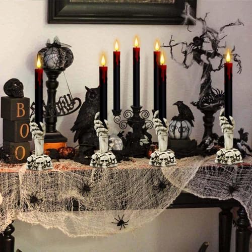 Image of Black Flameless Taper Candles Battery Operated with Remote and Timer, Blood Dripping Wax LED Flickering Candles Skeleton Hand Holders Dinner Table Halloween Decor Lights(2 Pack, 3 inch x 12 inch)