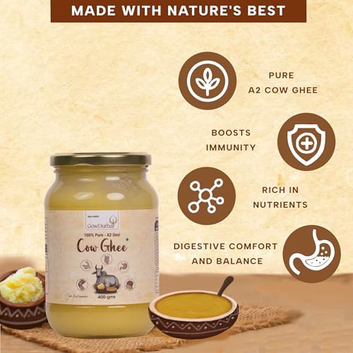 Image of GowDurBar Indian Kankrej Cow Ghee 400 ML | Pure A2 Desi Cow Ghee | Traditional Cultured Method | Golden & Aromatic | Lab-Certified for Purity | For Cooking, Sweets & Daily Use