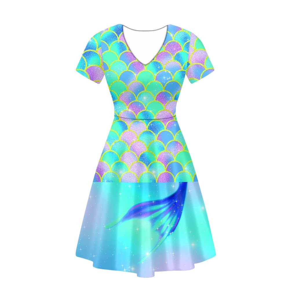 GLUDEARWomen Casual Dress Mermaid Fish Scales 3D Print V-Neck Short Sleeves A-Line Swing Midi Dresses