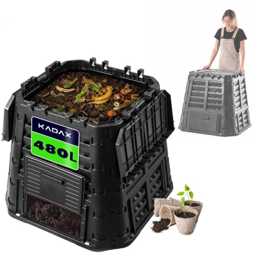 KADAX Composteur de Jardin 480L, Une Solution Écologique et Pratique pour Transformer Vos Déchets Organiques en Engrais Nature, Bac à Compost (Noir)