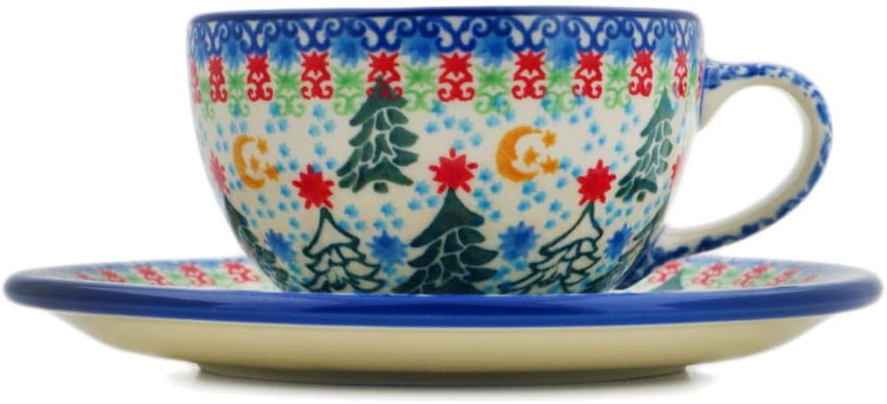 Polmedia Polish Pottery Cup with Saucer UNIKAT - Glowing Christmas Trees Pattern Handmade in Boleslawiec Poland by Ceramika Artystyczna + Certificate of Authenticity