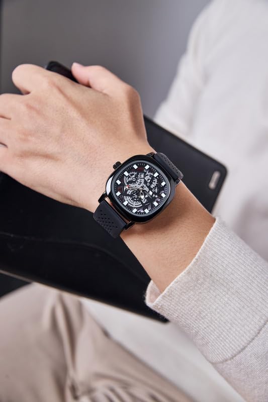 Image of London Fog Strand Collection Skeleton Style Quartz Watch for Men with Cushion Shaped Case, Date Display, Luminous Hands & Baton Hour Markers and Perforated Silicone Strap - LFM10026