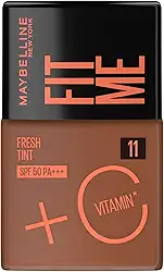 Maybelline NY Fit Me Fresh Tint Base Líquida, Proporciona Efeito Glow Natural, Controla a Oleosidade e Uniformiza a Pele com Vitamina C e FPS 50, Cor 11, 30ml