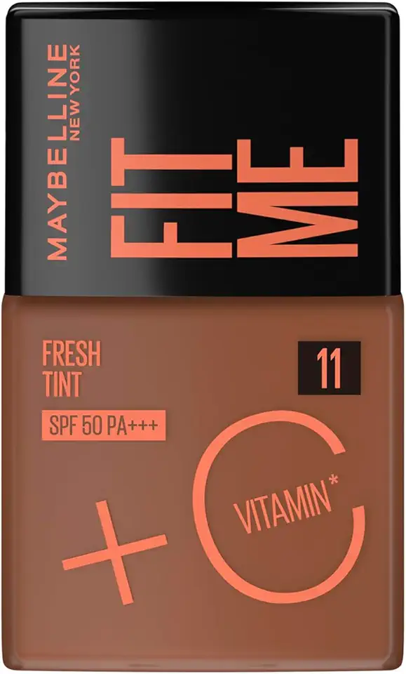Maybelline NY Fit Me Fresh Tint Base Líquida, Proporciona Efeito Glow Natural, Controla a Oleosidade e Uniformiza a Pele com Vitamina C e FPS 50, Cor 11, 30ml