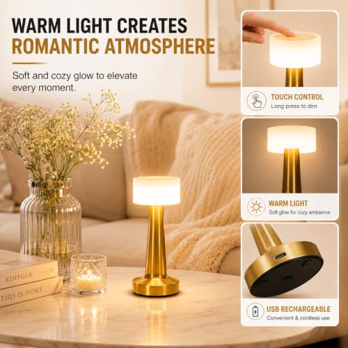 Image of One94Store Table Lamp Type-C Charging 1500mAh Battery,3 Color Dimmable Touch Control Lamp,Lamps for Home Decor and Bedroom, Living Room, Restaurant,Outdoor Use (Retro Metal - Gold)