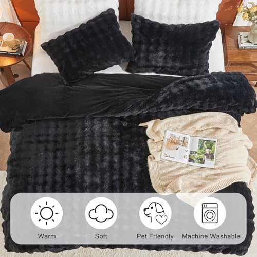 Image of EMME Faux Fur Duvet Cover Queen Size, 3 Pieces Ultra Soft Fluffy Comforter Cover, Cozy Warm for Winter, Luxury Elegant Shaggy Bubble Design Bedding, 1 Duvet Cover & 2 Pillow Shams (Queen, Black)