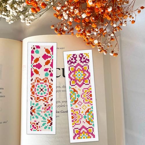 Image of BEUNITONE 6 Pcs Mandala Cross Stitch Bookmark Kits for Beginners DIY Stamped Embroidery Bookmark Kit Colorful Floral Punch Needle Set with Instructions Craft Kit for Book Lover Gifts 8''x2.4''