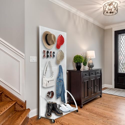Eastern Tree 2.5'x 6' Metal Pegboard Display Stand with Base Plate, Standing Pegboard Display with Wheels, Peg Board Display Rack, Art Peg Board Panels Display Stand, Extra 20 pieces Hooks - White