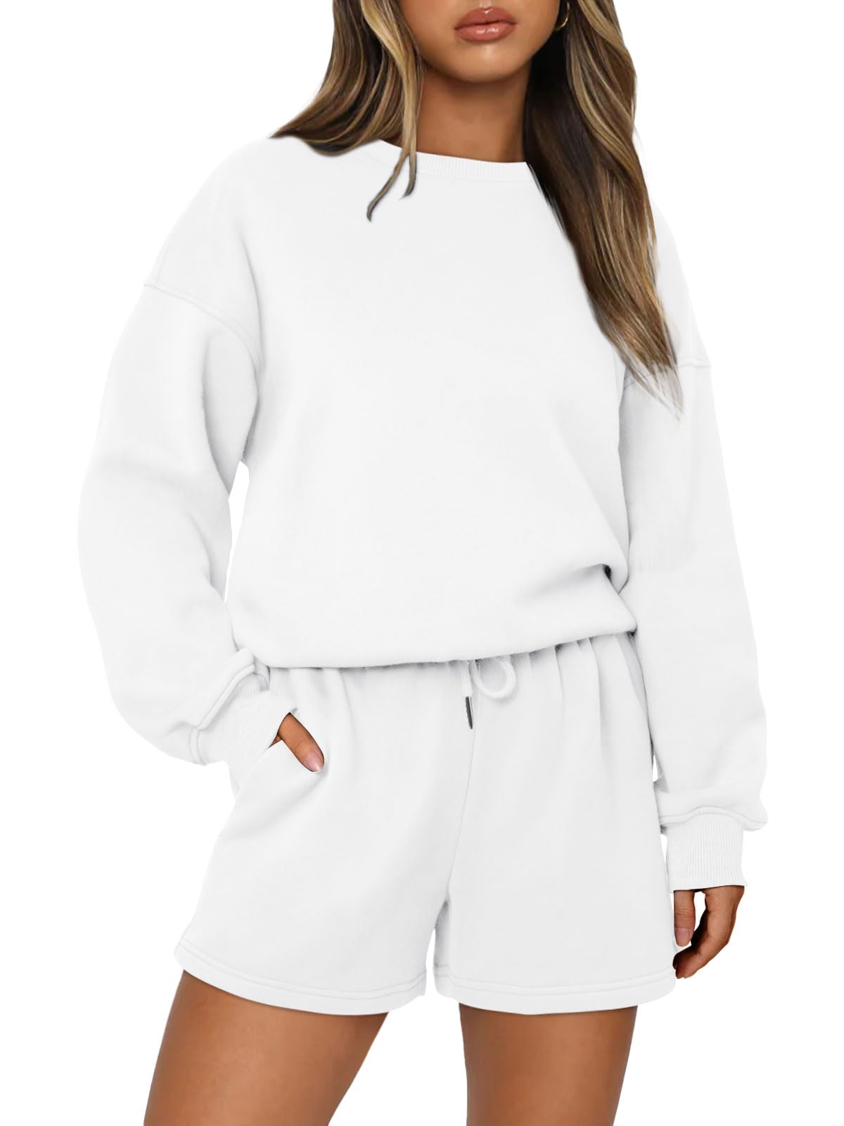 AUTOMET Womens Two Piece Outfits 2 Piece Lounge Matching Sets Fleece Sweatsuit Sweat Shorts Fashion Fall Clothes Sweatshirt