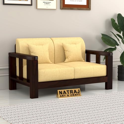 Image of NATRAJ ART & CRAFT Solid Wood 2 Seater Sofa for Living Room | Wooden Frame Fabric Cushioned Loveseat Sofa with Armrests| Modern Comfortable Couch for Home & Office (Walnut Finish)