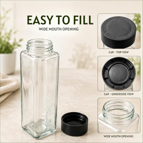 Image of Ash & Roh Square Glass Water Bottle with Lid, Transparent Wide Mouth Juice Bottle for Fridge, Office, School & Everyday Hydration Reusable for Daily Use