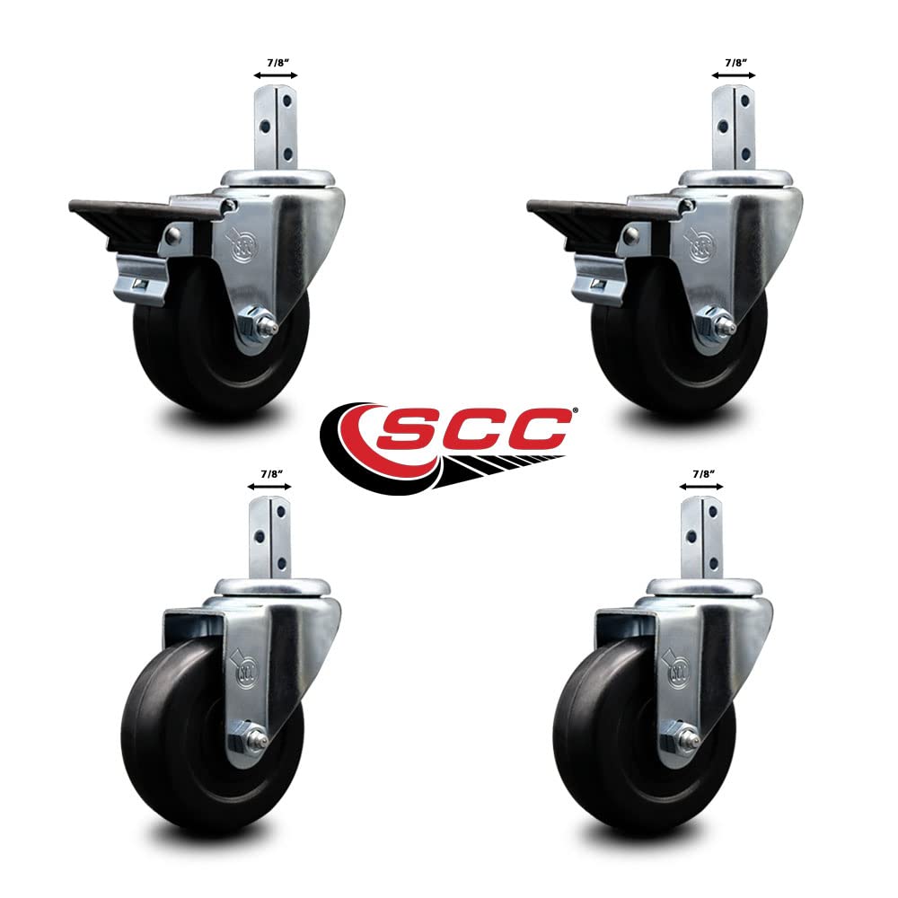 Swivel Square Stem Caster Set 4 w/3.5” x 1.25” Black Hard Rubber Wheel-7/8” x 2” Square Stem with (3) 17/64” Diameter Mounting Holes-Include 2 Posi Lck Brakes-1140lbs. Cpty/Caster-Service Caster Brand
