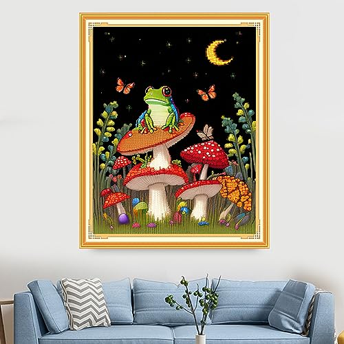 Image of Findvoor Stamped Cross Stitch Kits for Beginners Full Range of Cross Stitching Embroidery Pattern for Adults, 11CT DIY Needlepoint Embroidery Starter Kits-Frog Mushroom 15.7x19.7 inch