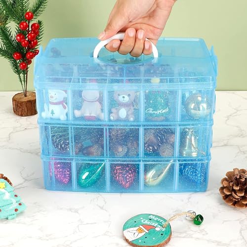 Image of PAXCOO 3-layer Blue Stackable Storage Container with Dividers, 30 Grid Plastic Organizer Box for Dolls, Fuse Beads, Nail Polish, Jewelry, stationery, Hair Accessories, color-blue.