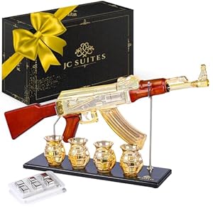 Luxury Gold AK47 Gun Decanter with Grenade Glasses & Reusable Ice Cubes – Whiskey Decanter Sets For Men – Unique Liquor Glass Gun Alcohol Bottle -Wine Bourbon Tequila Liquor Decanter Set Gifts For Dad