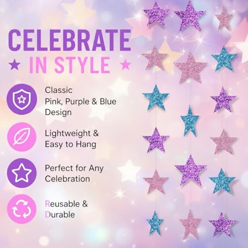Image of Patelai Glitter Star Garland Banner 2026 Graduation Decor 130 Feet Star Hanging Banner Twinkle Backdrop for Party Birthday Classroom Wedding Supplies (Purple, Pink, Blue)