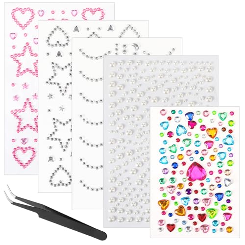 Andibro 5 hojas de piedras faciales, piedras para la cara, piedras brillantes, pegatinas de perlas con forma de corazón, estrella, luna, accesorios para el pelo con pinzas para maquillaje, cuerpo