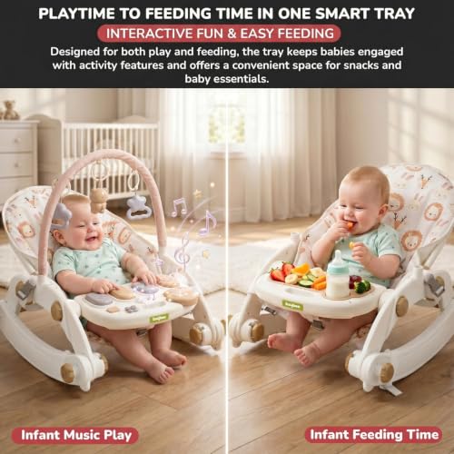Image of Baybee 8 in 1 Rocker for Babies with Music Toy Bar, Soft Fabric, Food Tray, Tool Free Installation | Multi-Function Push Walker, Ride-On, Play Gym & Rocking Chair | Baby Bouncers & Rockers for 0-3 Years (White & Beige)