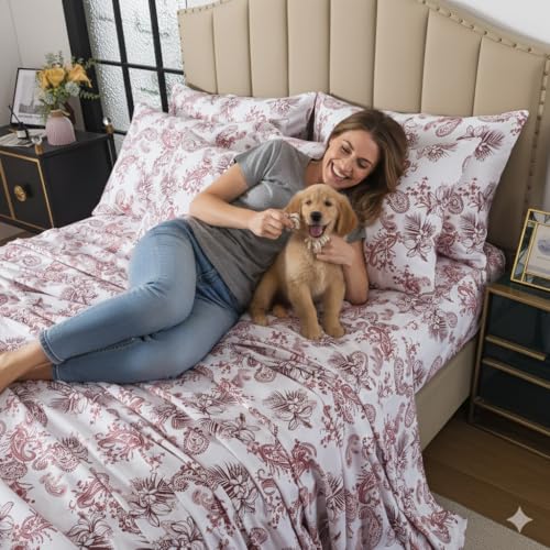 Image of FADFAY Twin XL College Bedding Red Paisley Sheets Extra Long Dorm Room Essential Bedding 100% Egyptian Cotton Soft Breathable Sheets Exotic Tropical Floral French Country Vintage Farmhouse Sheet 4Pcs