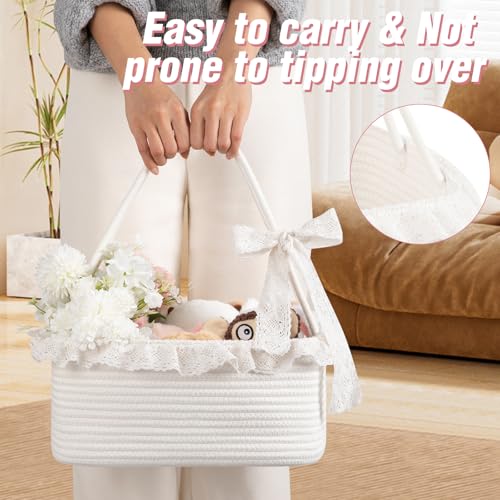 Image of OIAHOMY Gift Basket with Long Handles, Large Woven Baskets for Gifts with Gift Bag, Ribbons and Lace, Cotton Rope Storage Basket for Birthdays, Baby Showers, Picnic, Wedding DIY Presents - White