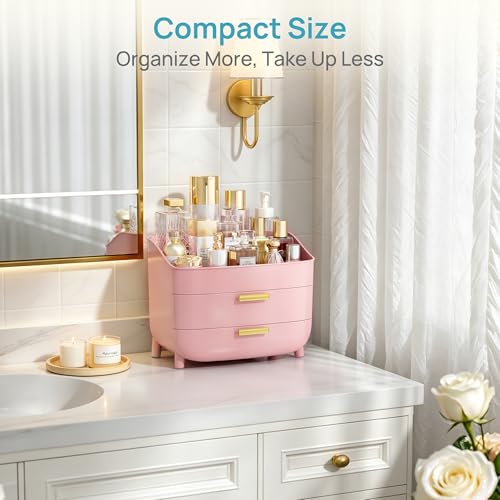 Image of Vtopmart 3-Tier Skincare Makeup Organizer with Drawers for Vanity and Bathroom Countertop, Large Cosmetic Storage Box Case for Dresser, with Non-Slip Base, Pink