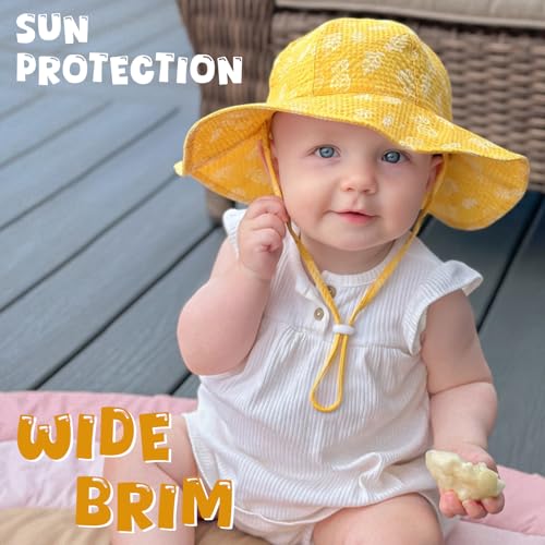 Image of HONGTEYA Baby Sun Hat Toddler Girl Beach Hat Sun Protection Adjustable Outdoor Summer Wide Brim Bucket Hat for Infant Kids