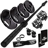 C.P. SPORTS 120kg BLACK EDITION Olympia Starter Set 50mm | 220cm/20kg Langhantel + Scheiben Paare 20kg/15kg/10kg/5kg – Guss + Zubehör: Verschlüsse, Nackenpolster, Bandagen, Griffpolster