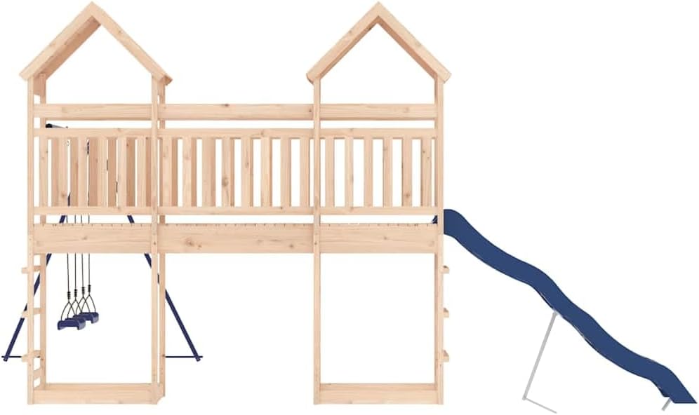 Natural Wood Solid Pine Wood Large Outdoor Playset with Wave Slide and Two Saddle Swings for Backyard, Durable Rustic Traditional Playground Set for Active Play, Entertains