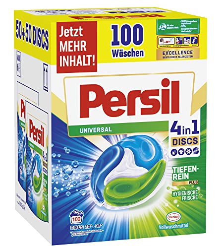 Persil Universal 4in1 DISCS (100 Waschladungen), Vollwaschmittel mit Tiefenrein-Plus Technologie bekämpft hartnäckige Flecken, 92% biologisch abbaubare Inhaltsstoffe*