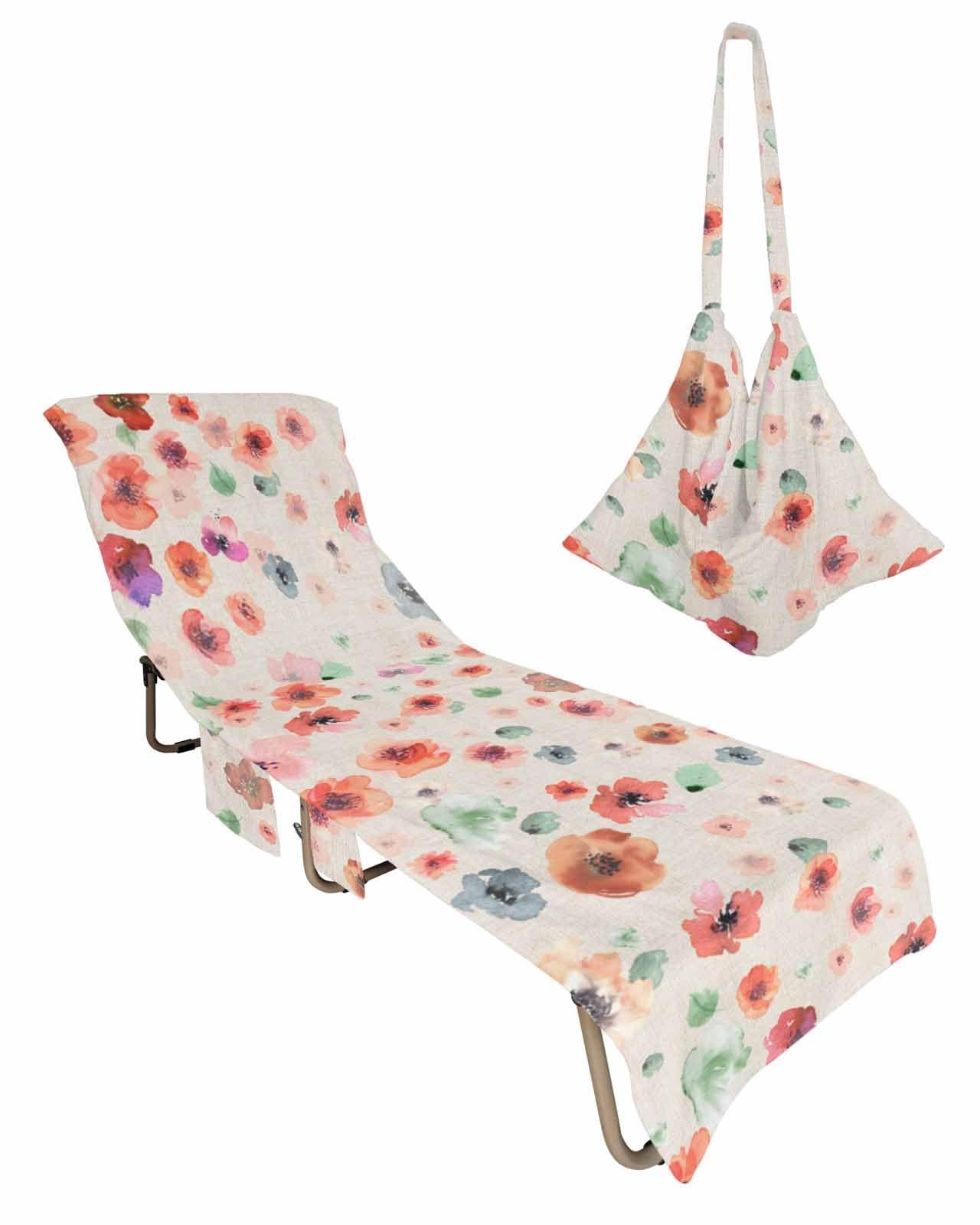 Colorful Floral Beach Lounge Chair Towel Cover, Soft Chaise Lounge Towel with Side Pockets Patio Pool Chairs Cover for Beach/Pool Sunbathing 29x85 Watercolor Spring Summer Flower Botanical