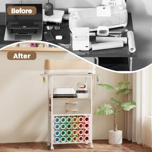 Image of VENNQD Organizer and Storage Stand Compatible with Cricut Machines,Rolling Storage Cart /Shelf with 24 Vinyl Roll Holders,2 Fabric Drawer,Accessories Holder,Tool Hook for Craft Room Home (White Maple)