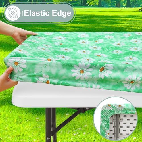 Image of misaya Picnic Table Cover with Bench Cover, Waterproof Elastic Fitted Tablecloth for 8 Foot Tables, Rectangle Washable Polyester Tablecloths for Picnic, Camping, Outdoor (Green Daisy, 30 inch x 96 inch)