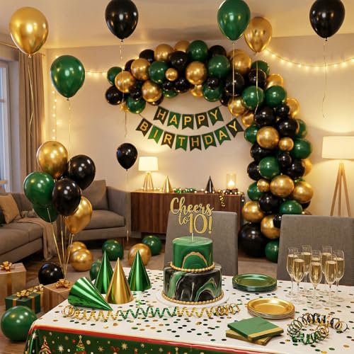 Image of Hiquaty Green and Gold Balloons,60pcs Dark Green Balloons,12 inch Gold Balloons and Black Balloons with Gold Ribbon for St. Patrick's Day Party Wedding Bridal Shower Decorations