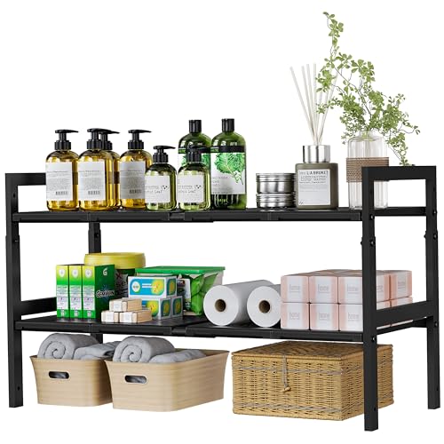 Under Sink Organizer and Storage 16.5″-30.7″ Expandable Length, Adjustable Height Under Sink Shelf 2 Tier with 11″ Removable ABS Panels & Metal Frame for Bathroom Kitchen Pantry Cabitnet Pot and Pan