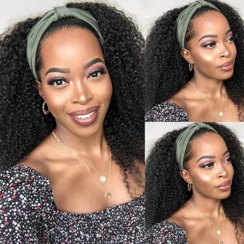 Image of Headband Wig Human Hair Kinky Curly Human Hair Headband Wigs 22Inch Glueless None Lace Front Wig Curly Headband Wig Human Hair Brazilian Virgin Wigs for Black Women 150% Density