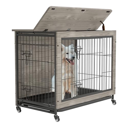 Dog Crate Furniture, 38'' Heavy Duty Wooden Dog Kennel with Double Doors & Flip-Top for Large Dogs, Furniture Style Dog Crate End Table with Wheels, Grey 38.3