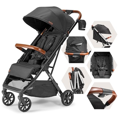 Bombi Bēbee V2 Lightweight Baby Stroller - Premium Vegan Leather, One-Hand Fold, Infinite Recline, Aircraft-Grade Aluminum Frame, XXL Canopy, and Ample Storage Umbrella Stroller - Hickory