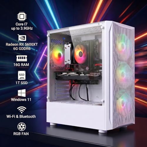 Image of STGAubron Gaming PC Desktop Computer, Intel Core i7 up to 3.9G, Radeon RX 5600 XT 6G, 16GB RAM, 1TB SSD, 600M WiFi, BT 5.0, RGB Fan x4, Windows 11 Home