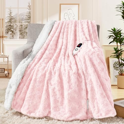 MAXEVE Heated Blanket Electric Throw 50x60 Faux Rabbit Fur Blankets with 6 Heating Sets & 12 Hours Auto Off Warm Gifts for Grandma Wife ETL Certification
