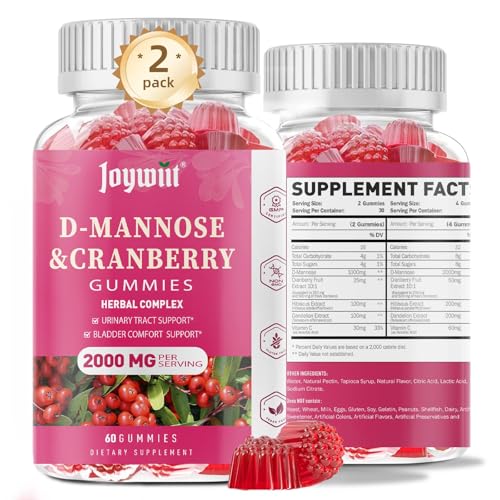 Joywiit D-Mannose Gummies 2000mg with Cranberry 500mg & Hibiscus - D Mannose Chewable Supplements for Women - Liver Bladder Flush & Urinary Tract Cleanse Health Supplement - 120 Count
