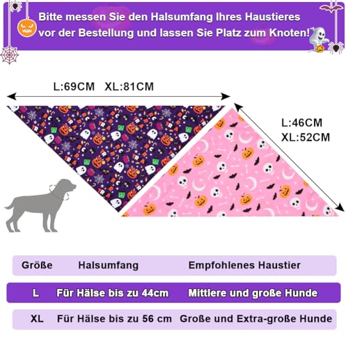 SZEE Hundehalstuch Halloween Kostüm Hunde Bandana for Dogs, Geschenk Deko mit Kürbis Motiv, Kopftücher Waschbarer Hundehalstücher für Kleine/Mittel/Große Hunde und Katzen Haustier, Lila+Rosa, L