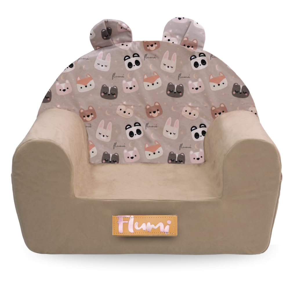 Poltrona per bambini personalizzata Flumi - Seduta per la sala giochi - Poltrona con nome inciso del bambino (BEIGE + BEARS)