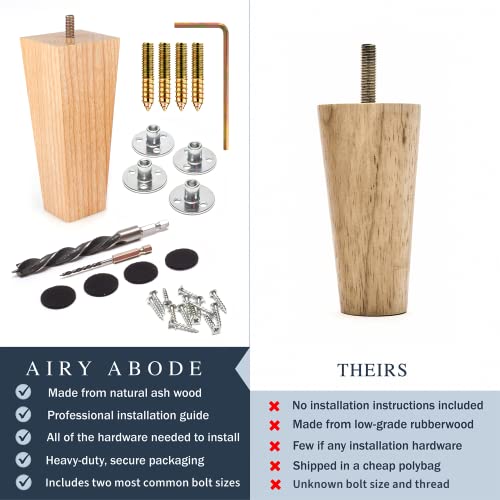 Premium Square Ash Wood Furniture Legs - Furniture Feet For Sofa, Chair, Couch, Dresser, Bed, Cabinet, Ottoman - Wooden Legs Are Easy To Install & Include Installation Hardware - Set Of 4, 4 Inches #TOP5