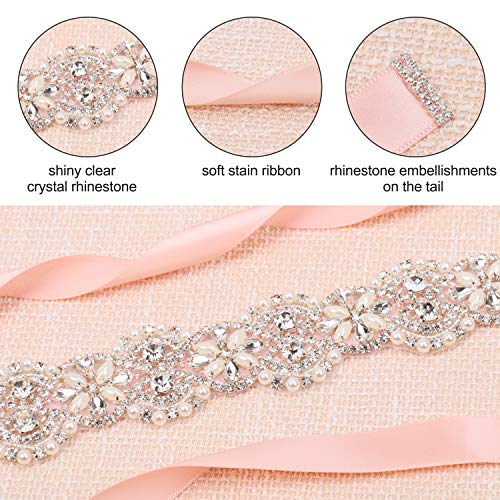 Tendaisy Women's Wedding Belt Crystal Pearls Bridal Sash Rhinestone Dress Belts For Bridal Gowns(Silver-Blush) #TOP1