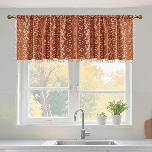 TIVNICO Boho Valance Curtain for Kitchen Window Burnt Orange Farmhouse Short Curtains Floral Tassel Window Valance Light Filtering Rod Pocket 1 Panel 55 W x 14 L