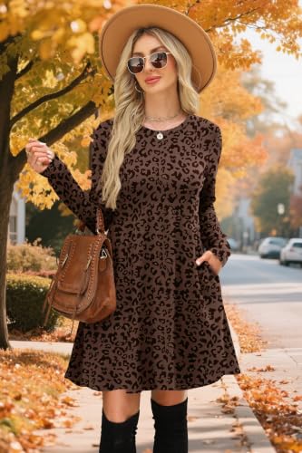 Image of OFEEFAN Long Sleeve Dress for Women Crew Neck Empire Waist Tunic Dress with Pockets