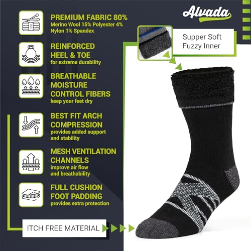 Image of Alvada Merino Wool Hiking Socks Thermal Warm Crew Winter Boot Sock For Men & Women 3 Pairs