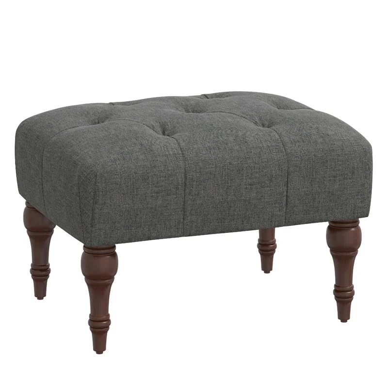 Image of Decorvatsa Tufted Ottoman Bench with Wooden Legs | Upholstered Linen Footstool Seating for Living Room Bedroom Entryway | Compact Accent Bench Stool | Classic Button Tufted Design | Charcoal Grey